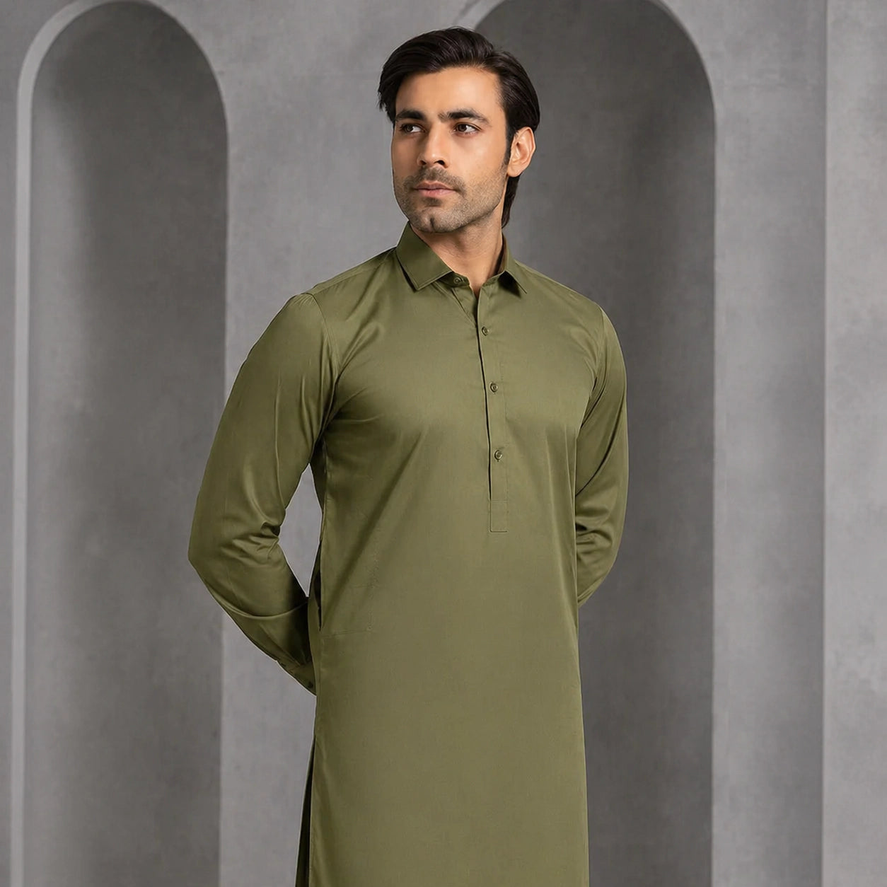Premium Wash & Wear Fabric – 4m, Instiched, Olive Green